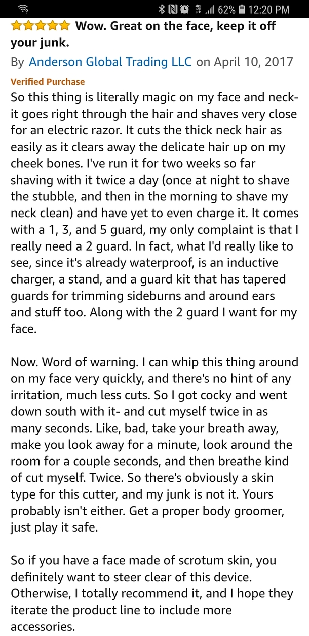 This review from the Phillips One Blade razor on Amazon