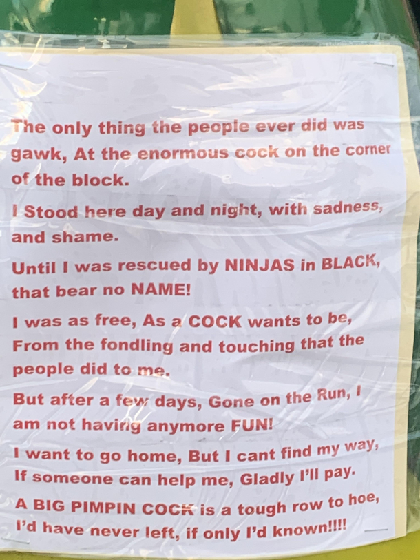 This rooster was stolen and then returned to the neighborhood park with this note in sea isle Galveston Texas