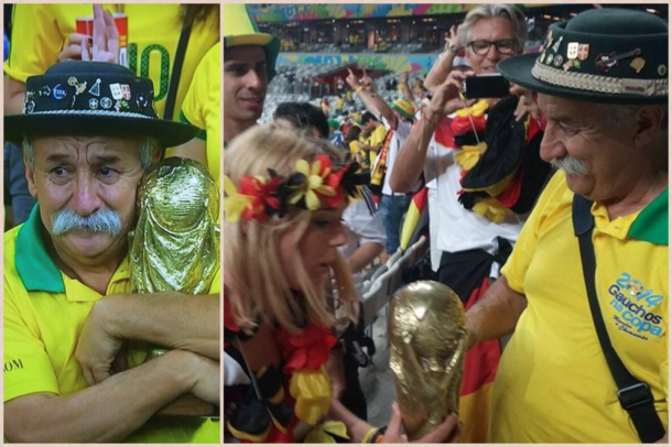 This sad Brazilian fan was shown crying But no ones published this beautiful picture of him handing the trophy to a German fan He was quoted as saying Take it to the final As you can see it is not easy but you deserve it congratulations x-post rpics