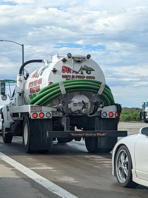 This septic truck and his bumper sticker