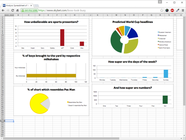 This sports betting site has a look busy button you can press which will switch the screen to a series of joke excel graphs for when youre at work