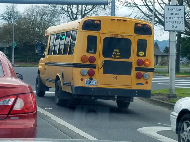 This sticker on the back of this school bus I saw today