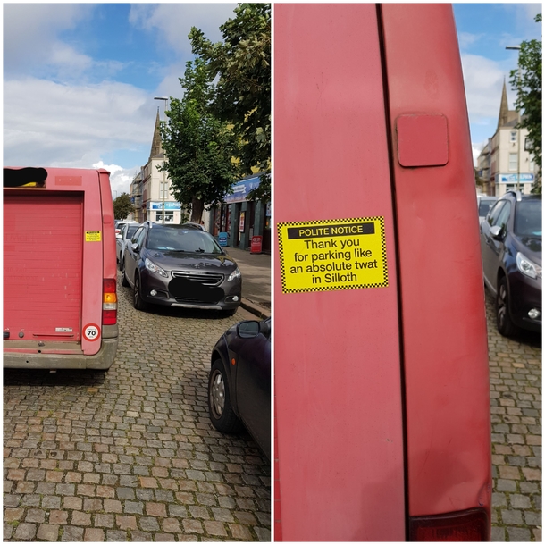 This sticker we saw on a double parker that was blocking us in