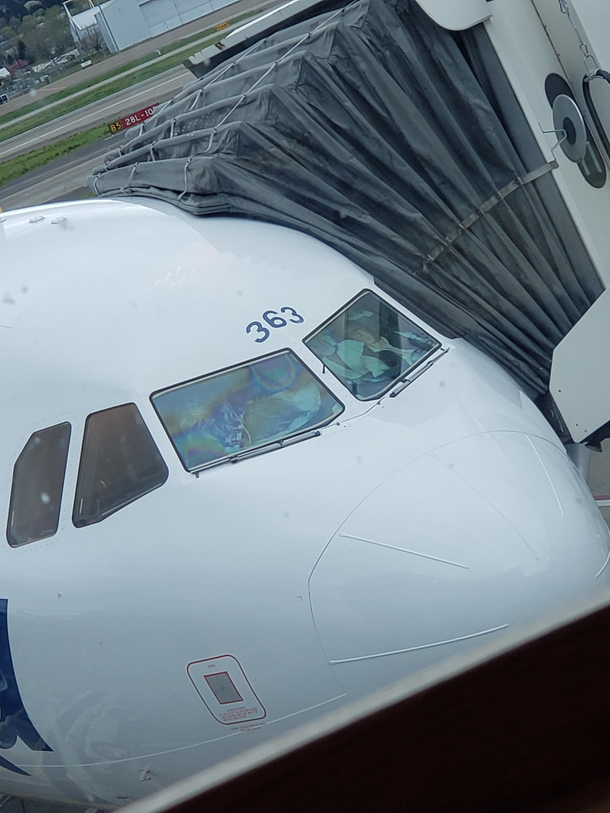 This sun visor on a plane at PDX