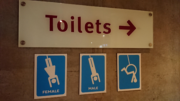 This toilet block sign at a bungee jumping spot