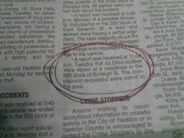 This was in the daily police report section of my hometown newspaper yes it is a small town