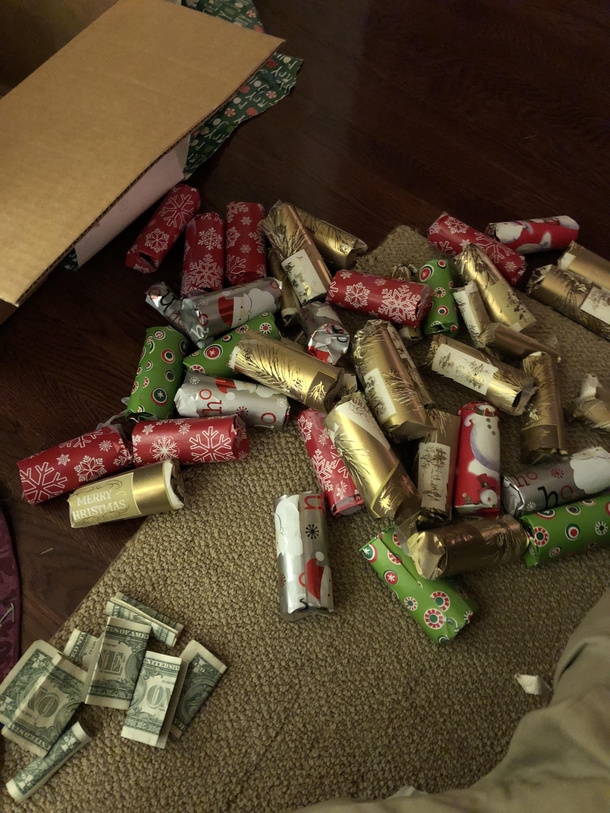 This was my present from my grandmother each one has a toilet roll with a dollar taped to it