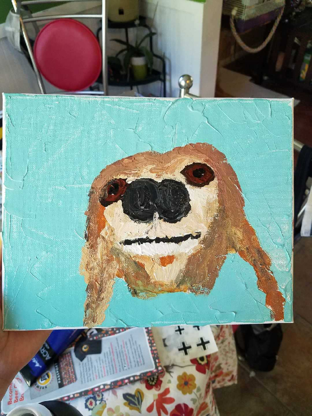 Thought Id try my hand at painting my beloved departed mini dachshund I think I nailed it