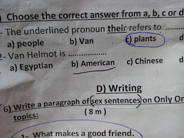 today I was reviewing how my sister did on her exam and found this they literally wrote sex instead of six mf its an English test how tf does this happen