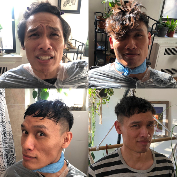 Today my partner learned that you shouldnt put off a haircut until the apocalypse when the only person left to do it were in NYC is your girlfriend who has never even trimmed her own ends He calls this look Cambodian Garbage Hitler