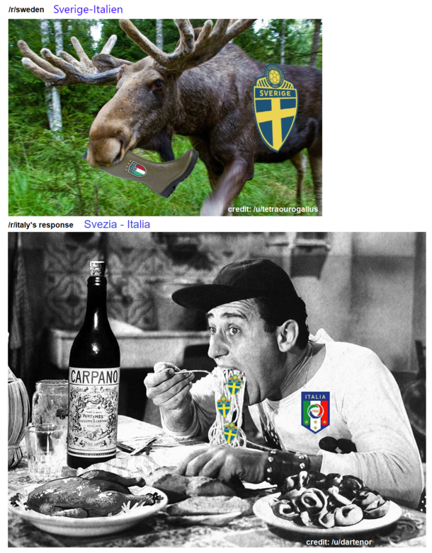 Today Sweden and Italy face off in the first of two football matches which will ultimately decide who qualifies for the World Cup  These are the top posts from their subreddits right now