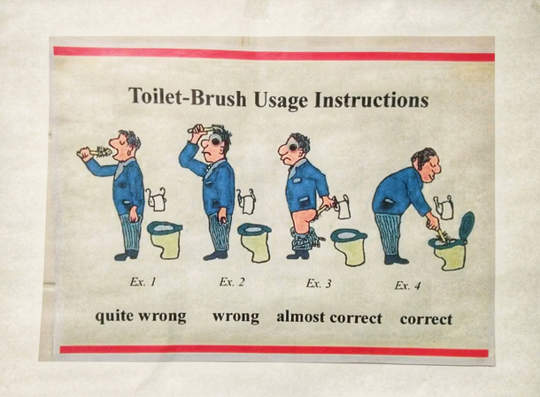 Toilet brush usage instructions in every toilet in my office