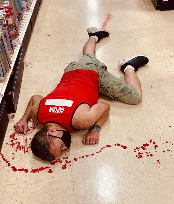 Took advantage of a stain on the floor at a hobby store and scared some folks Bad taste joke prolly but whatever it was fun lol