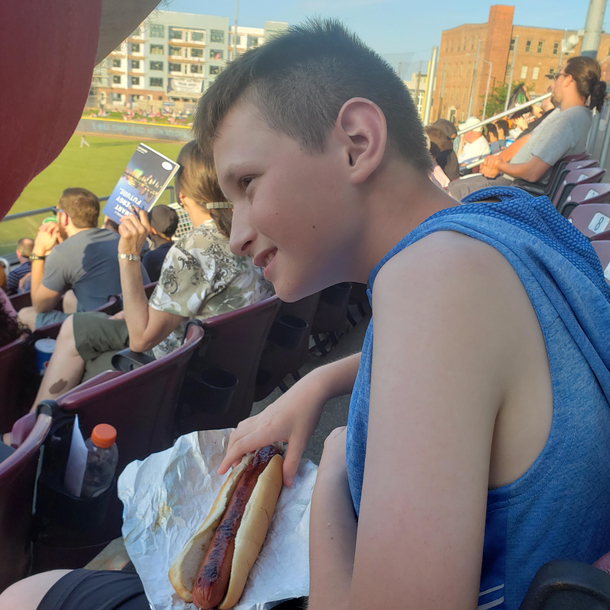 Took my son to a baseball game tonight He comes back with a footlong hot dog and says to me I got a big weiner lol to be an  year old boy