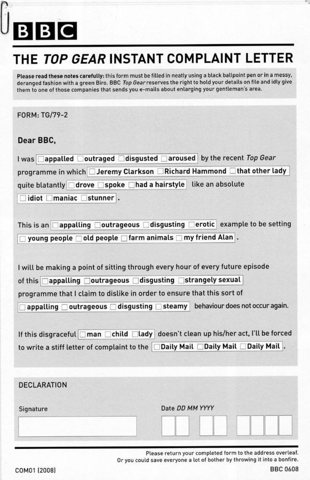 Top gear instant complaint letter