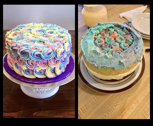 Tried to make a rainbow rose cake for my birthday but my piping bag burst before I could even finish the top