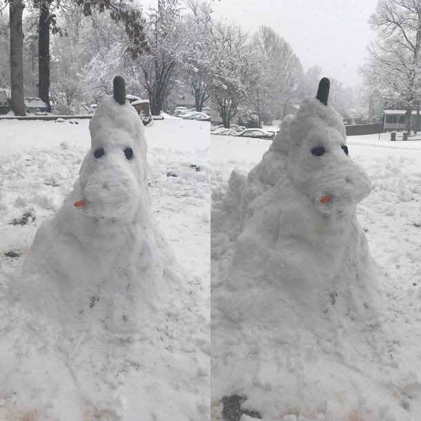 Tried to make a snowman and it turned into a snow unicorn Still proud