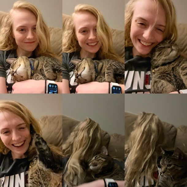 Tried to take a couple cute pics while snuggling with my cat Bradley Bradley had other plans