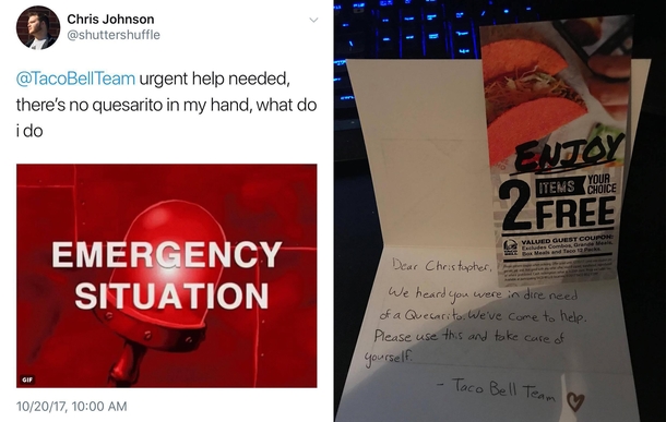 Tweeted at Taco Bell with my crisis and they responded beautifully