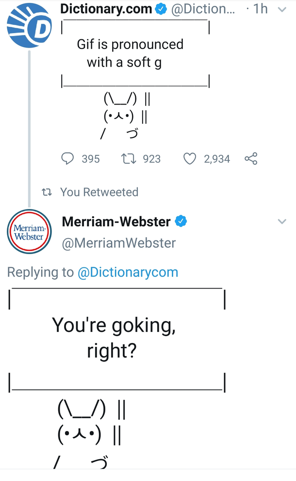 Two dictionaries are arguing about the pronunciation of GIF What a time to be alive