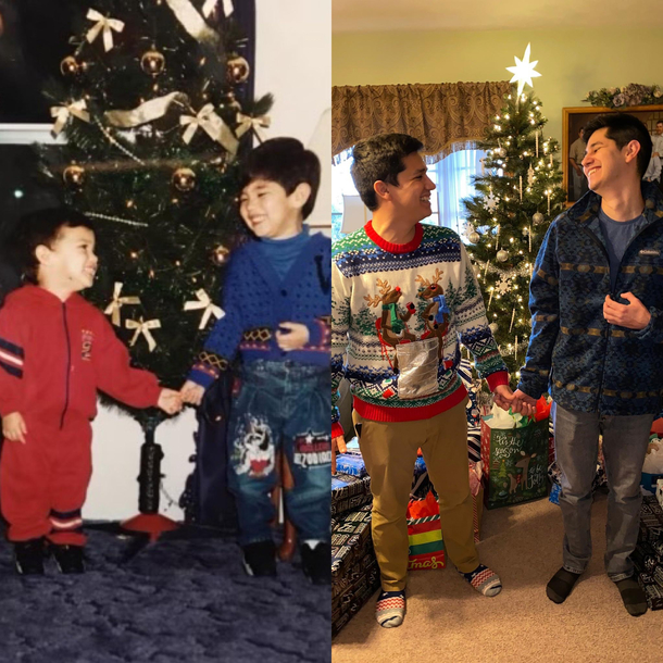 Two siblings taking Xmas pics  years apart