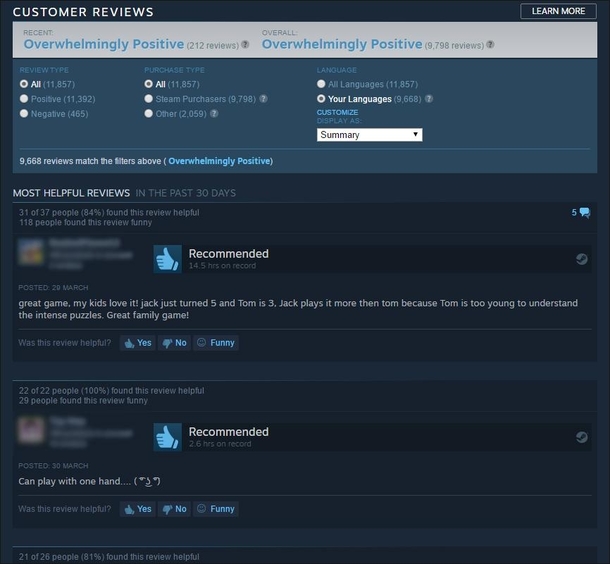 Two sides of Steam reviews on some anime puzzle game