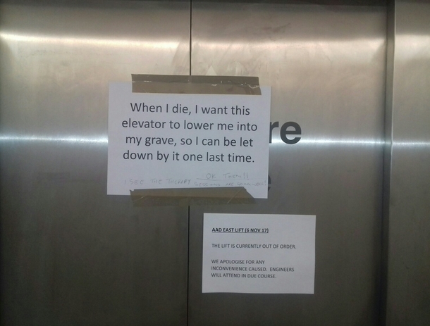 Unknown university student fed up with the elevator never working - short poem 