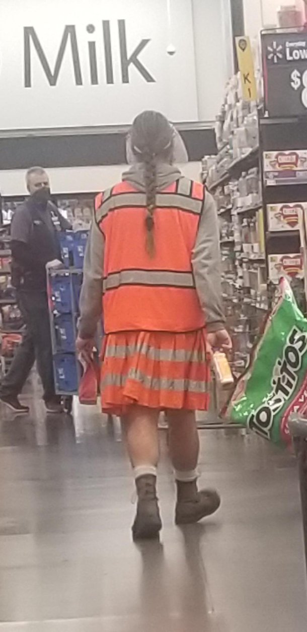 Used to work here this guy is a cart pusher He always wore kilts and then today I seen this Safety kilt
