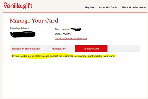 Vanilla Gift Cards has some really smart people writing instructions for lost cards