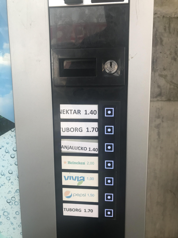 Vending machine options in Bosnia Beer beer beer beer water Pepsi and more beer