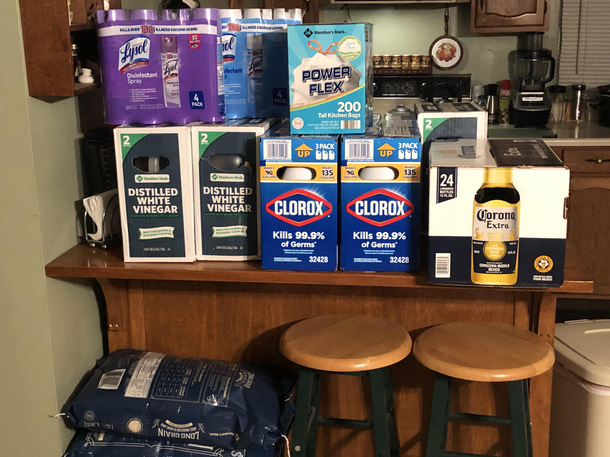 Walked into my senior parents kitchen to find this Theyre obviously panicking over the corona virus but I think they still tried to throw a little humor in there 