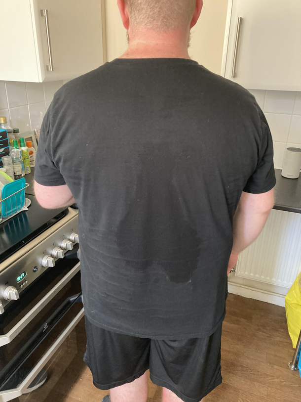 Walking around in the UK today not realising I had a cock and balls sweat patch on my back Fuck this heatwave