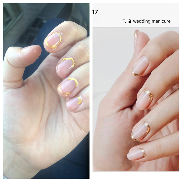 Wanted a simple manicure for my wedding in March left is what I got hahah I was upset but also couldnt stop laughing