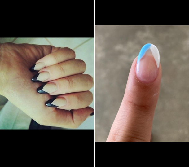 Wanted the nails on the left- a beige base but half whiteblue Got this from the salon