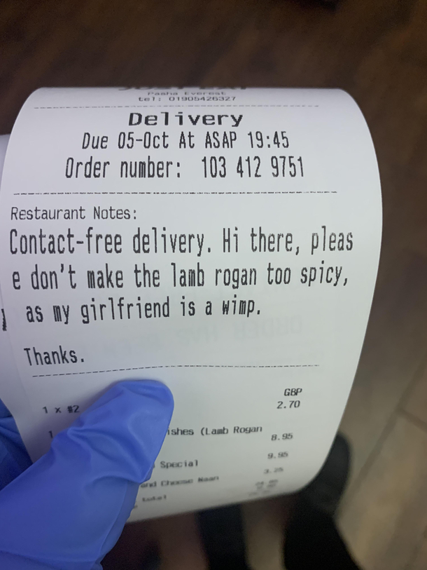 Was a very boring night then this request came through on just eat