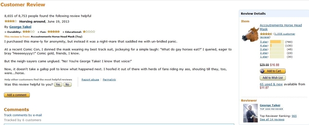 Was curious about the reviews on a horse mask George Takei did not disappoint