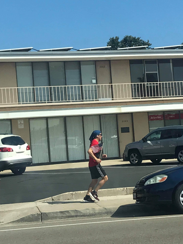 Was driving through San Diego last year As a european i was not dissapointed Is runnig with flags a thing