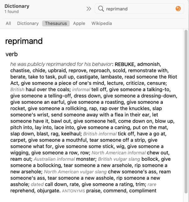 Was writing a work email mentioning safety policies and said just looking ahead so that we dont get reprimanded in the future but I wanted another word instead of reprimand which led me to the most savage thesaurus entry Ive ever read