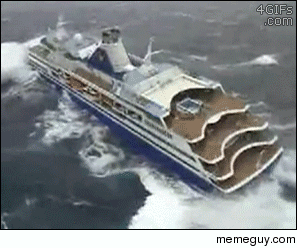 Wave almost tips over a cruiseship