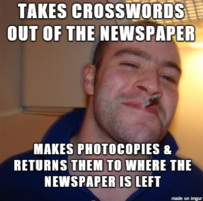 We get one newspaper delivered to our office of a few hundred people that is left in the cafeteria The crossword was always ripped out first thing each day Then this GGG came along
