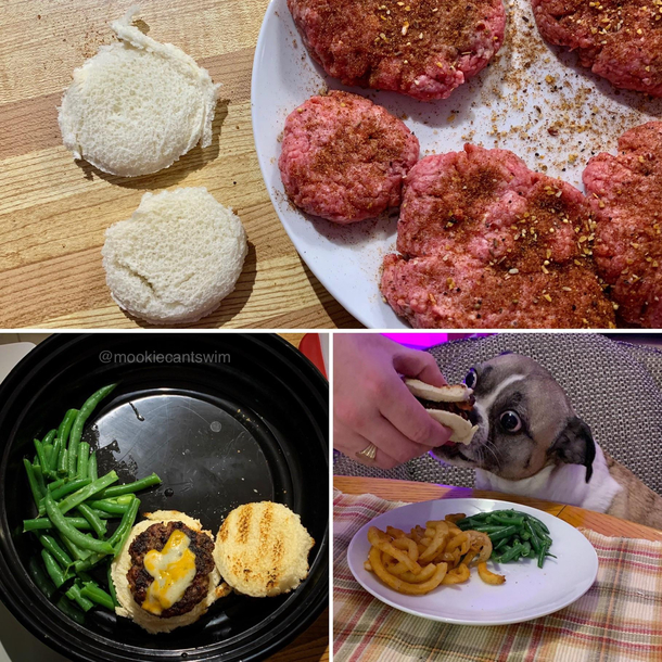 We made my dog a tiny burger with some fries and beans