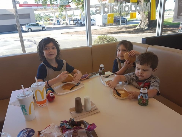 We woke them up at  telling them that they where late for school and today is super test day We studied in the car all the way to school We got to Mcds and told them