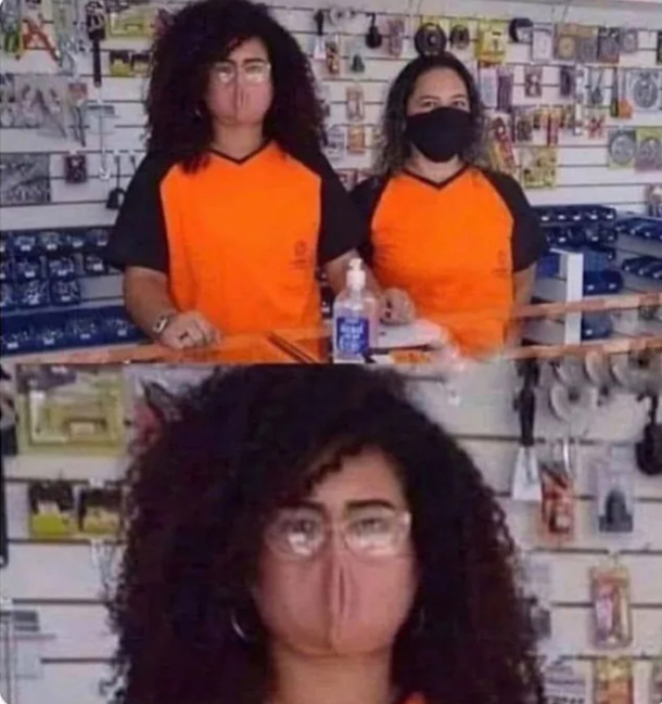 Wearing a beige mask
