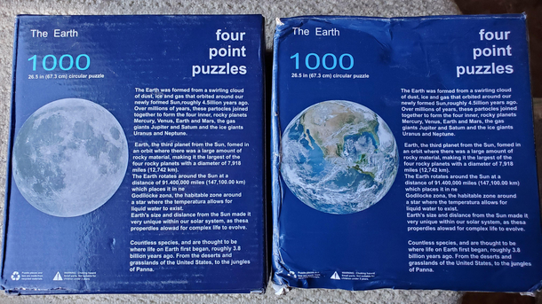 well I may not have paid much attention in school but im pretty sure the Moon is not the Earth that is what I get for getting knock off puzzles