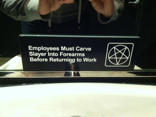 Went to a metal-themed brewery near Downtown Denver and found this in the bathroom