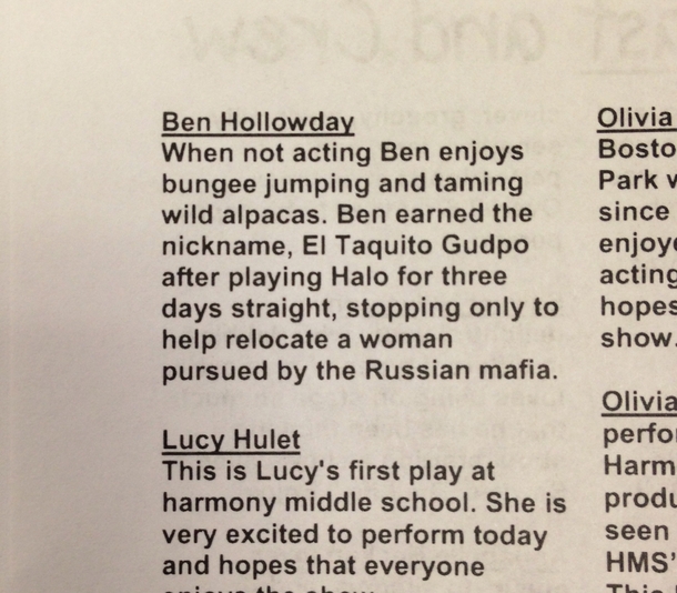 Went to my girlfriends little brothers play and found this gem in the program
