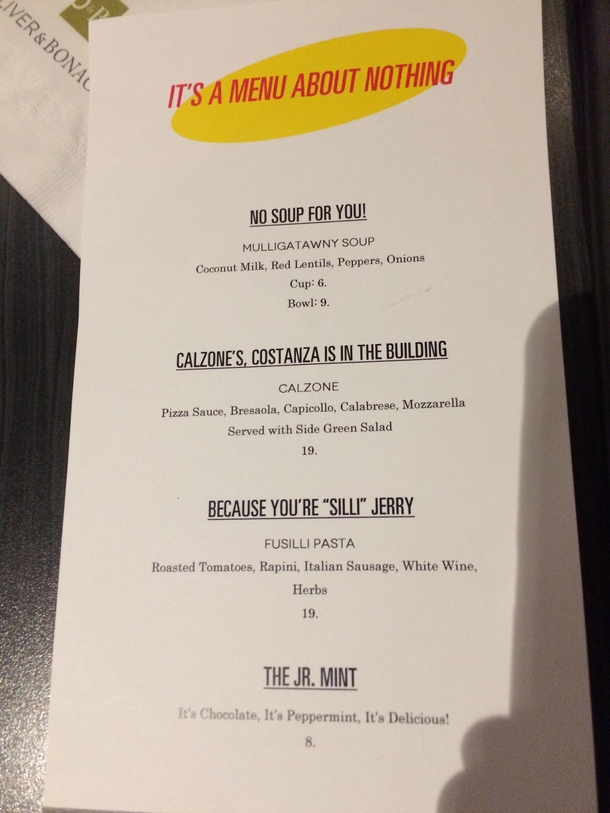Went to see Seinfeld last night and the nearby restaurant had this special events menu