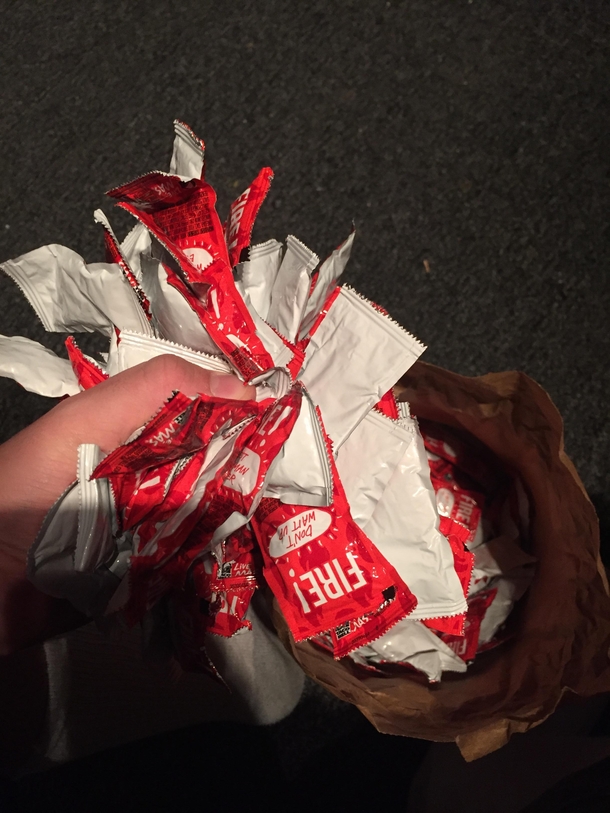 Went to Taco Bell drunk Asked for a shit ton of fire sauce They gave me a fucking bag full Im so happy