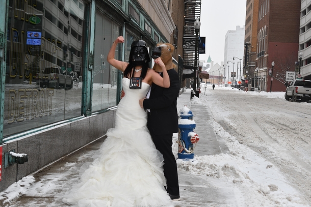 Went to take some fun wedding pictures around Detroit ran into a guy w a Darth Vader Mask Asked if he had another mask amp he did NOT dissapoint