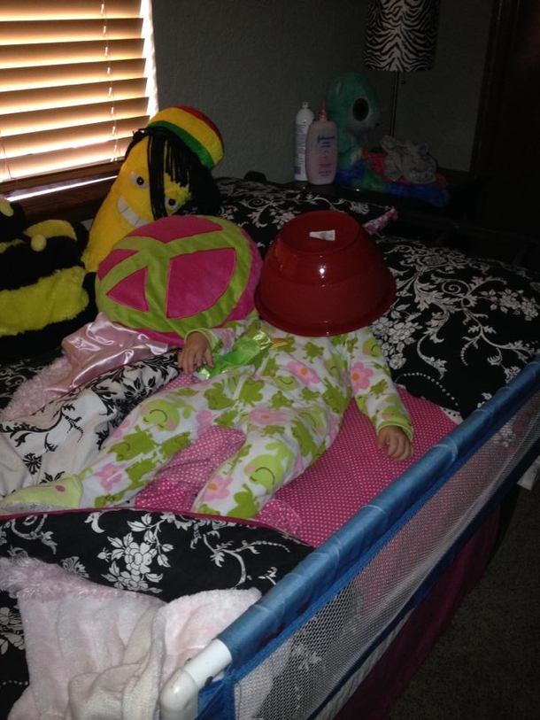 Went to wake up my daughter this morning We have no idea how she got the bowl from the kitchen